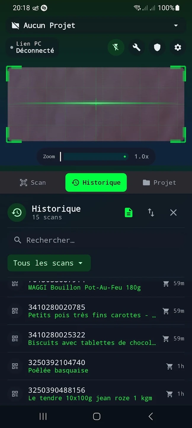 Historique des codes scannés dans Code Scan