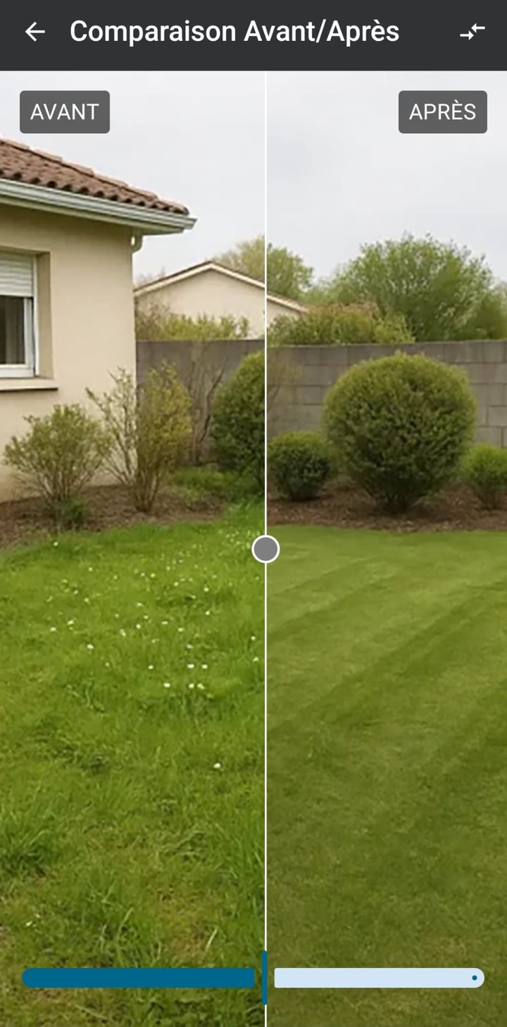 Comparaison avant/après d'un jardin : herbe haute à gauche, pelouse tondue à droite, séparées par un curseur