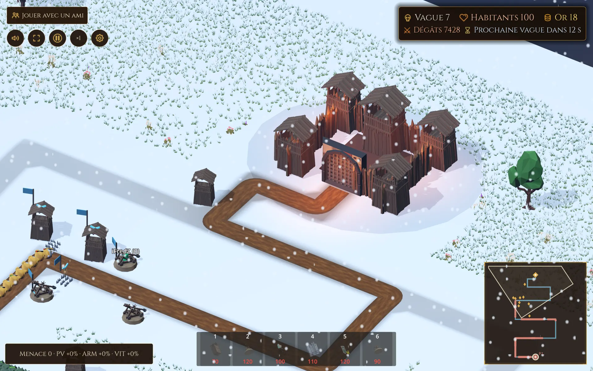 La forteresse de bois sous la neige, cernée par la route qui vient mourir à sa porte ; à gauche, les tours de guet à fanion bleu et les catapultes du joueur, et la tête d’une horde jaune qui remonte déjà la route