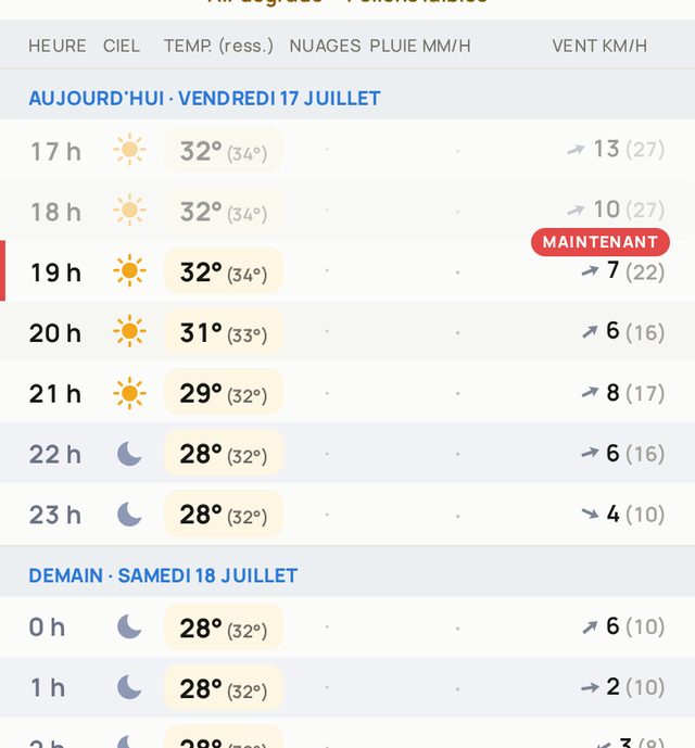 Tableau heure par heure : ciel, température et ressenti, pluie, vent et rafales