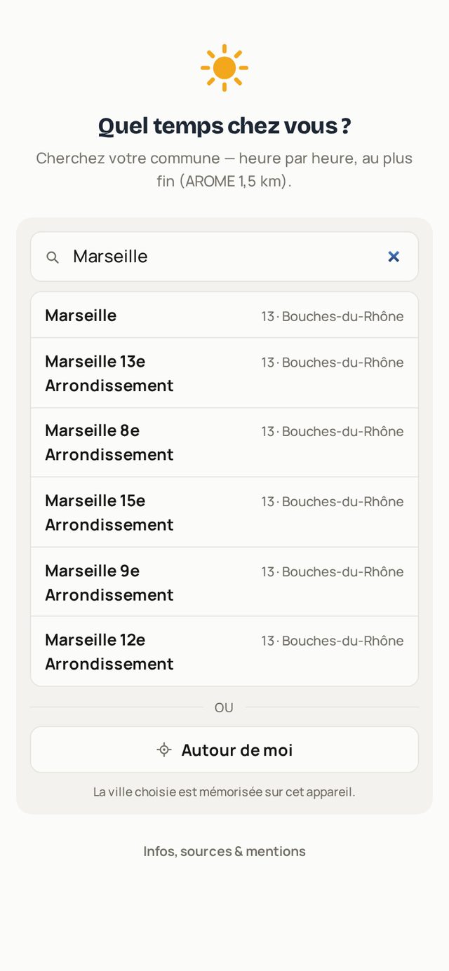 Recherche d'une commune : Marseille et ses arrondissements en suggestions