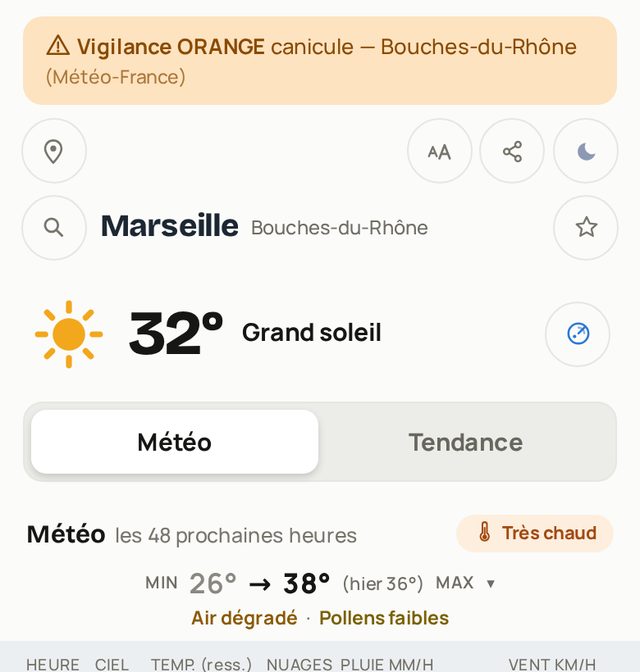 Bandeau vigilance orange canicule Météo-France, 32° grand soleil, air dégradé et pollens faibles
